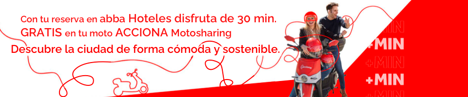 Con tu reserva en abba Hoteles, disfruta de 30 minutos gratis en tu moto de ACCIONA Motosharing. Descubre la ciudad de forma cómoda y sostenible.